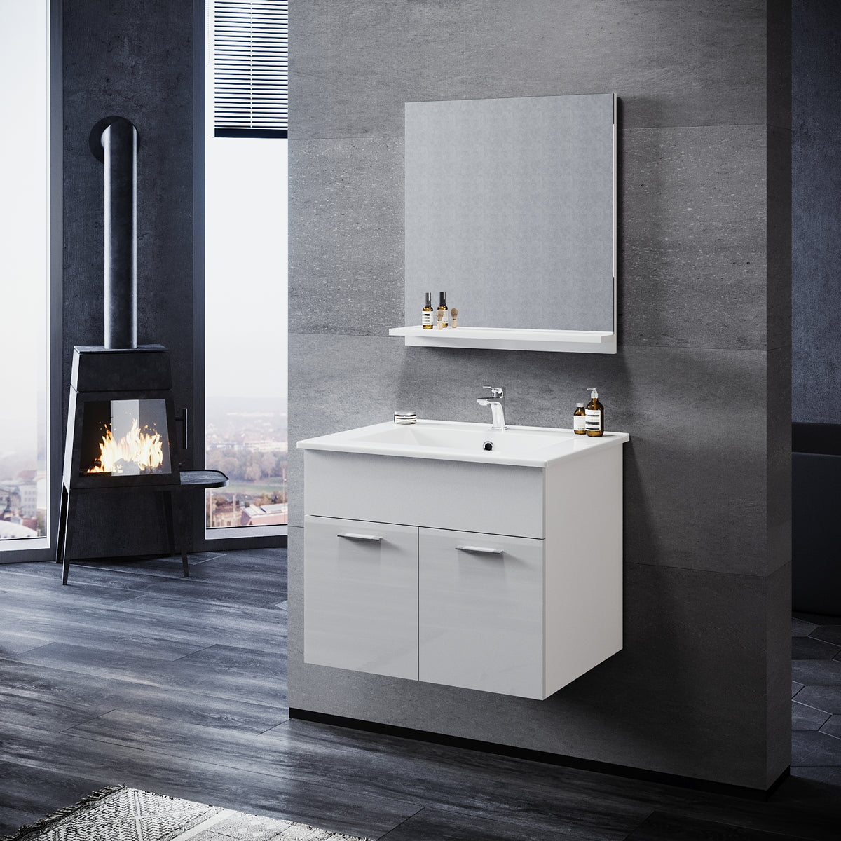 SONNI Badmöbel Set mit Waschbecken mit Unterschrank und Spiegel Badezimmermöbel 2-teilig 60cm Hochglanz Weiß für kleine Bäder