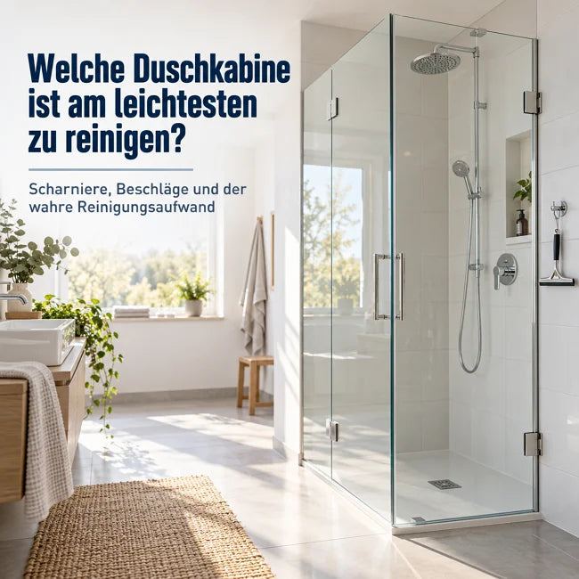 Rahmenlose Duschkabine mit flächenbündigen Scharnieren und Klarglas – leicht zu reinigen im modernen Badezimmer