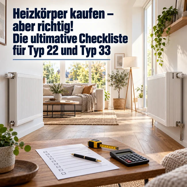 Heizkörper kaufen Checkliste Typ 22 und Typ 33 - direkter Vergleich der Bautiefe im modernen Wohnzimmer