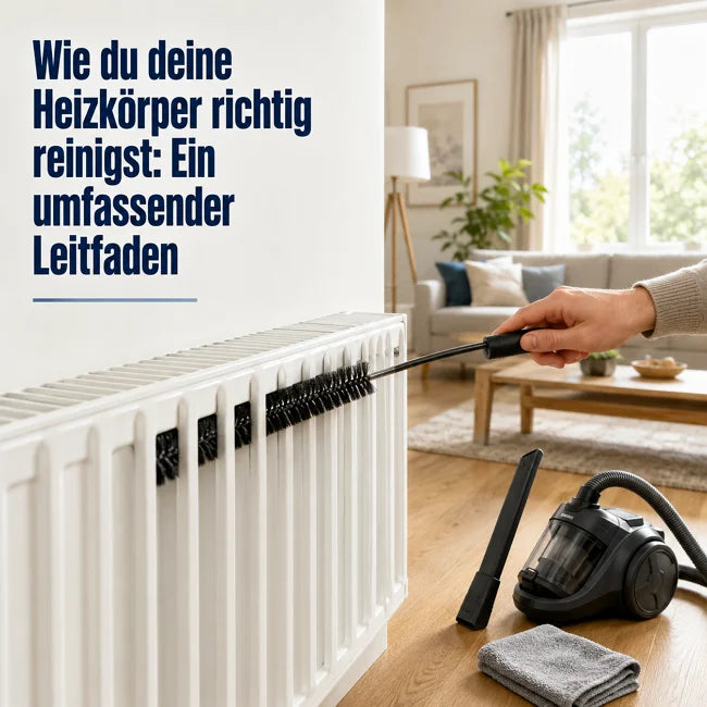Heizkörper richtig reinigen - Schritt-für-Schritt Anleitung mit Bürste und Staubsauger im modernen Wohnzimmer