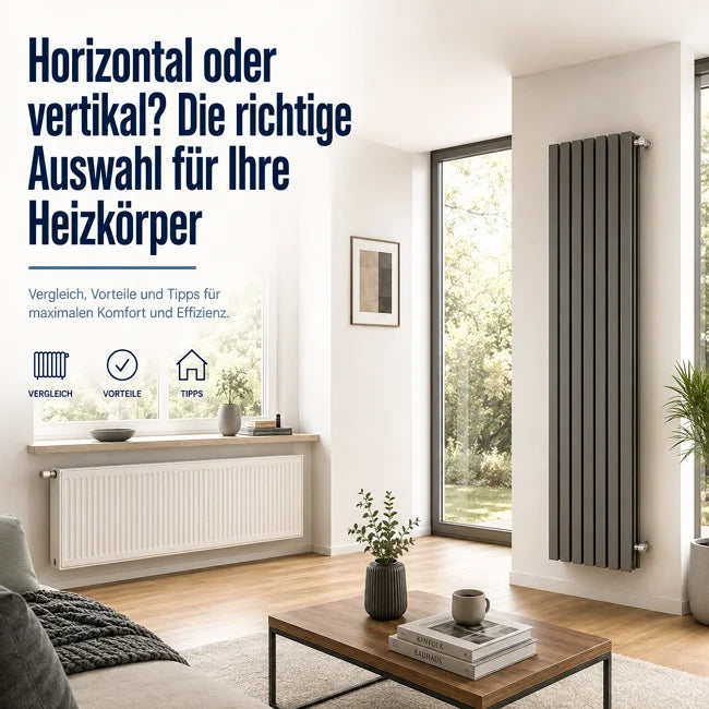 Horizontaler vs vertikaler Heizkörper Vergleich im modernen Wohnzimmer - Breiter Flachheizkörper unter Fenster vs schlanker Design-Heizkörper an der Wand