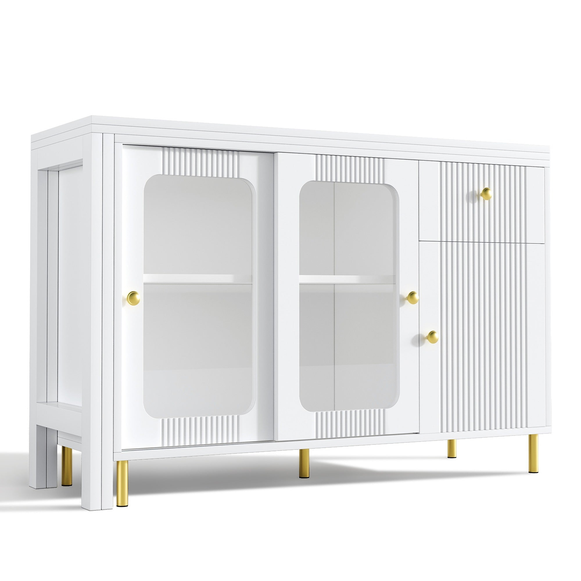 SONNI Buffetschrank Weiß mit ausziehbarer Tischplatte, drehbarer Arbeitsfläche, Glasschiebetüren, Wellenmuster, verstellbarem Stauraum und goldenen Metallbeinen, Sideboard für Küche und Esszimmer, 122x40x82cm