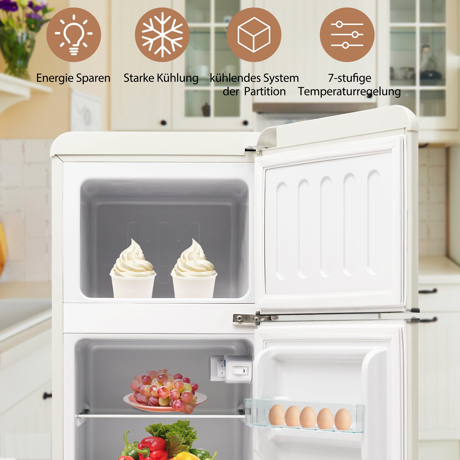 SONNI Retro Kühlschrank Kühl Gefrier Kombination mit 2 Türen, 92 Liter Gesamtvolumen 28 Liter Gefriervolumen LED Licht Glasregale Türregale 105.5 x 41 cm