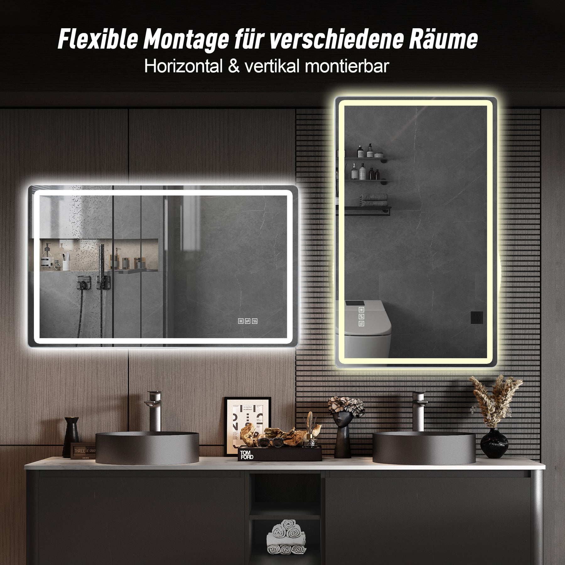 SONNI LED Badezimmerspiegel 60×120 cm, rahmenlos, Frontlicht matt, Anti-Beschlag, 3 Lichtfarben, dimmbar, Memory, horizontal & vertikal, IP44 wasserdicht
