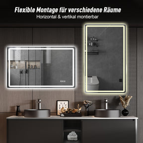 SONNI LED Badezimmerspiegel 60×120 cm, rahmenlos, Frontlicht matt, Anti-Beschlag, 3 Lichtfarben, dimmbar, Memory, horizontal & vertikal, IP44 wasserdicht