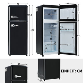 SONNI Retro Kühlschrank Kühl Gefrier Kombination mit 2 Türen, 92 Liter Gesamtvolumen 28 Liter Gefriervolumen LED Licht Glasregale Türregale 105.5 x 41 cm