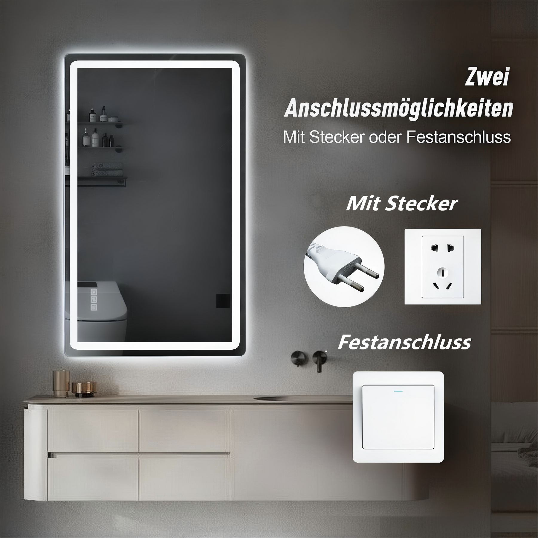 SONNI LED Badezimmerspiegel 60×120 cm, rahmenlos, Frontlicht matt, Anti-Beschlag, 3 Lichtfarben, dimmbar, Memory, horizontal & vertikal, IP44 wasserdicht