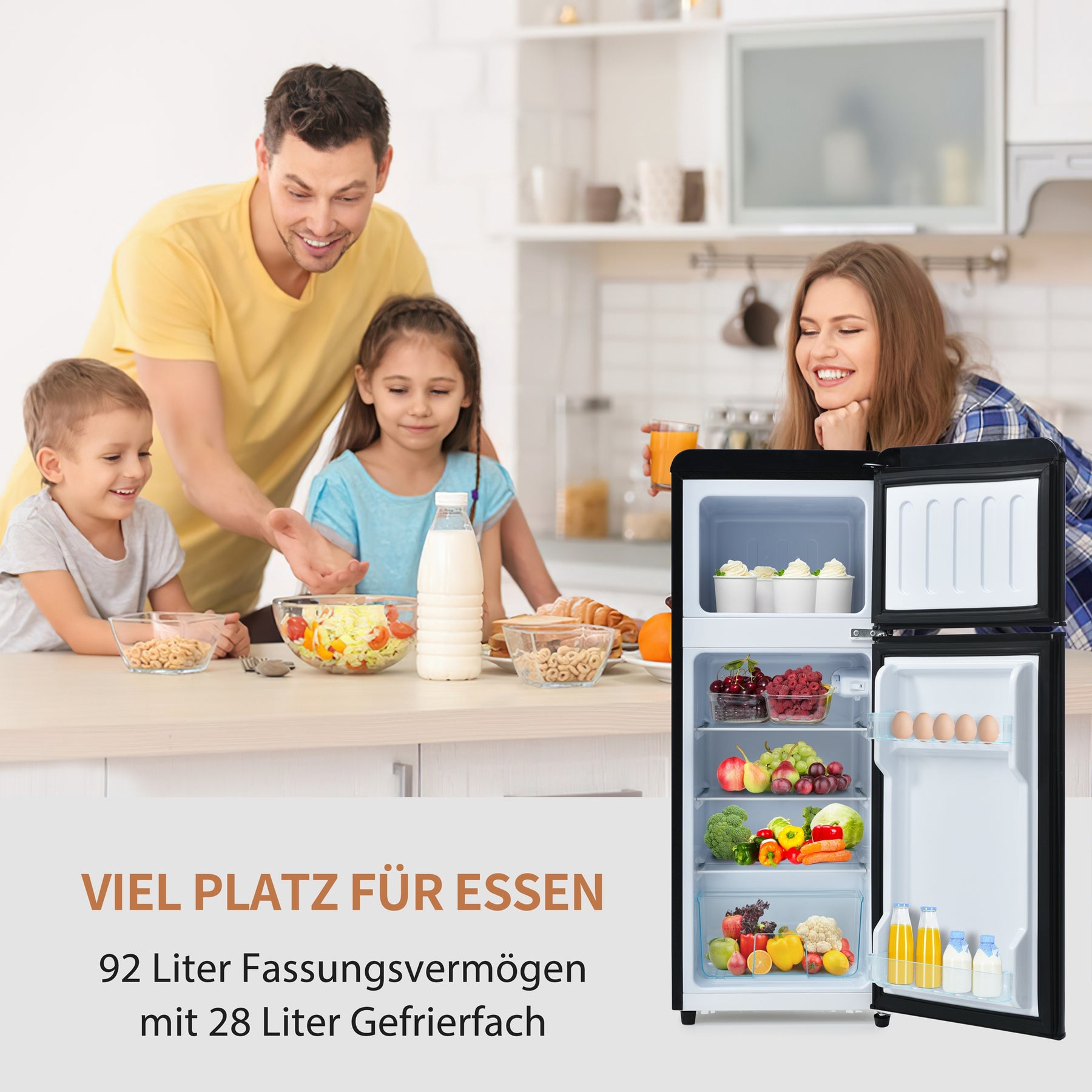 SONNI Retro Kühlschrank Kühl Gefrier Kombination mit 2 Türen, 92 Liter Gesamtvolumen 28 Liter Gefriervolumen LED Licht Glasregale Türregale 105.5 x 41 cm