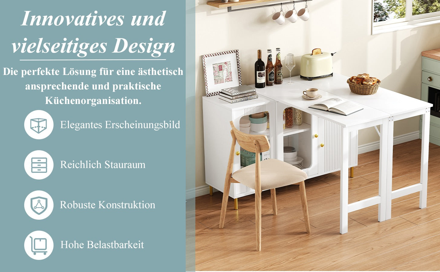 SONNI Buffetschrank Weiß mit ausziehbarer Tischplatte, drehbarer Arbeitsfläche, Glasschiebetüren, Wellenmuster, verstellbarem Stauraum und goldenen Metallbeinen, Sideboard für Küche und Esszimmer, 122x40x82cm