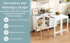 SONNI Buffetschrank Weiß mit ausziehbarer Tischplatte, drehbarer Arbeitsfläche, Glasschiebetüren, Wellenmuster, verstellbarem Stauraum und goldenen Metallbeinen, Sideboard für Küche und Esszimmer, 122x40x82cm
