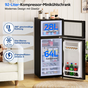 SONNI Minikühlschrank mit Gefrierfach, 92 L Kühlvolumen 28 L Gefrierfach Glastür LED Beleuchtung Temperaturregelung Glasablagen