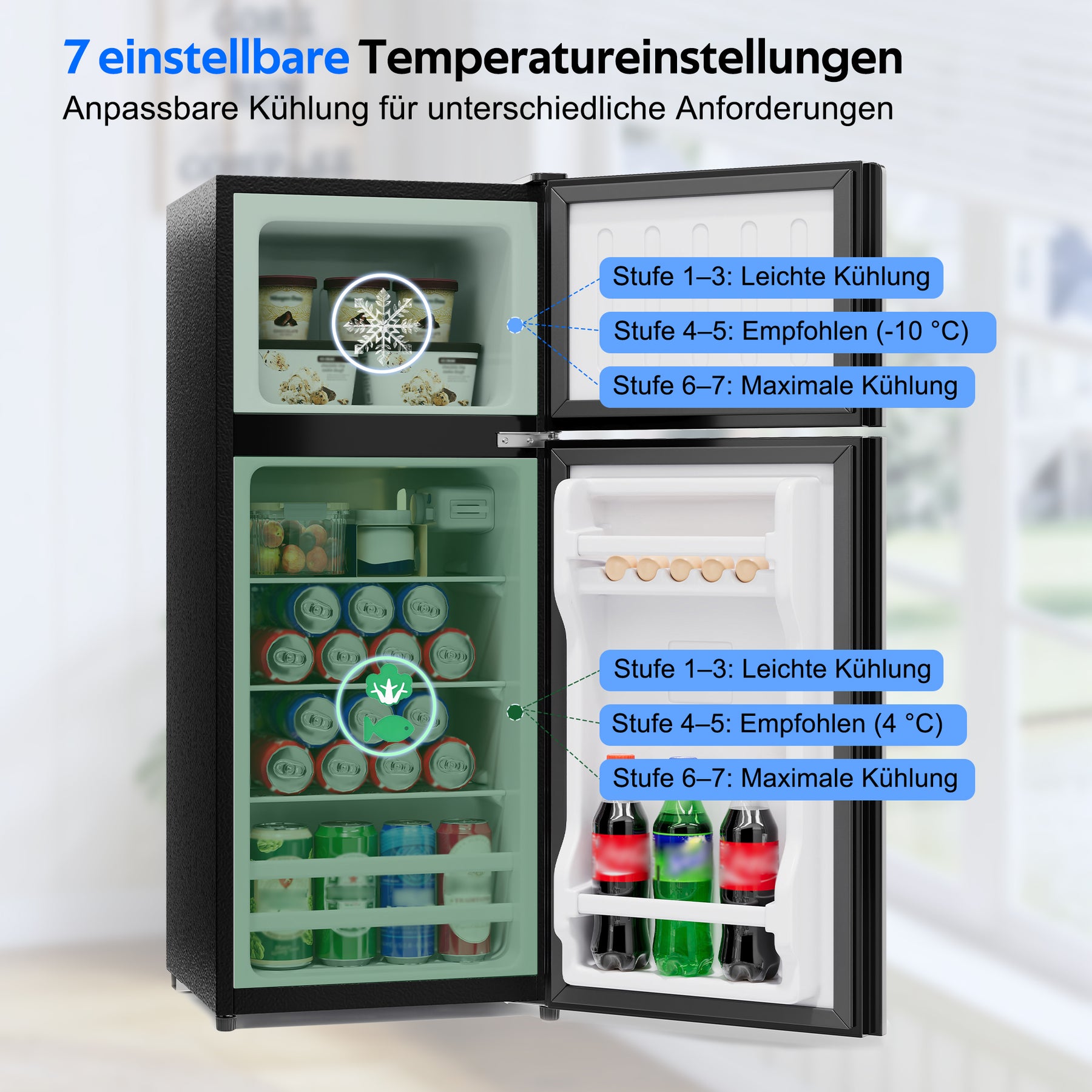SONNI Minikühlschrank mit Gefrierfach, 92 L Kühlvolumen 28 L Gefrierfach Glastür LED Beleuchtung Temperaturregelung Glasablagen