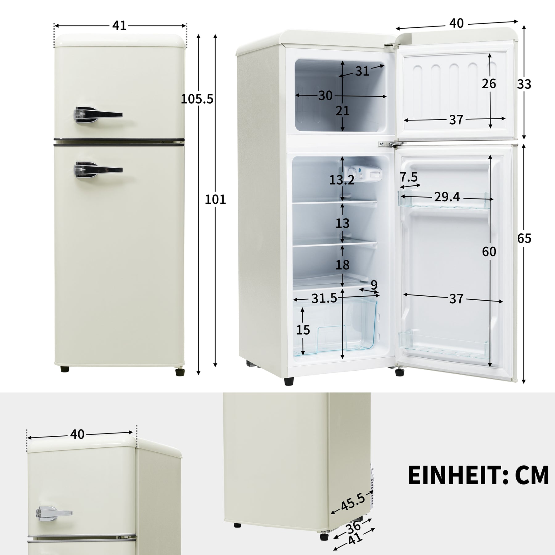 SONNI Retro Kühlschrank Kühl Gefrier Kombination mit 2 Türen, 92 Liter Gesamtvolumen 28 Liter Gefriervolumen LED Licht Glasregale Türregale 105.5 x 41 cm