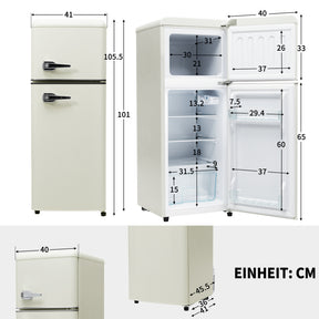 SONNI Retro Kühlschrank Kühl Gefrier Kombination mit 2 Türen, 92 Liter Gesamtvolumen 28 Liter Gefriervolumen LED Licht Glasregale Türregale 105.5 x 41 cm