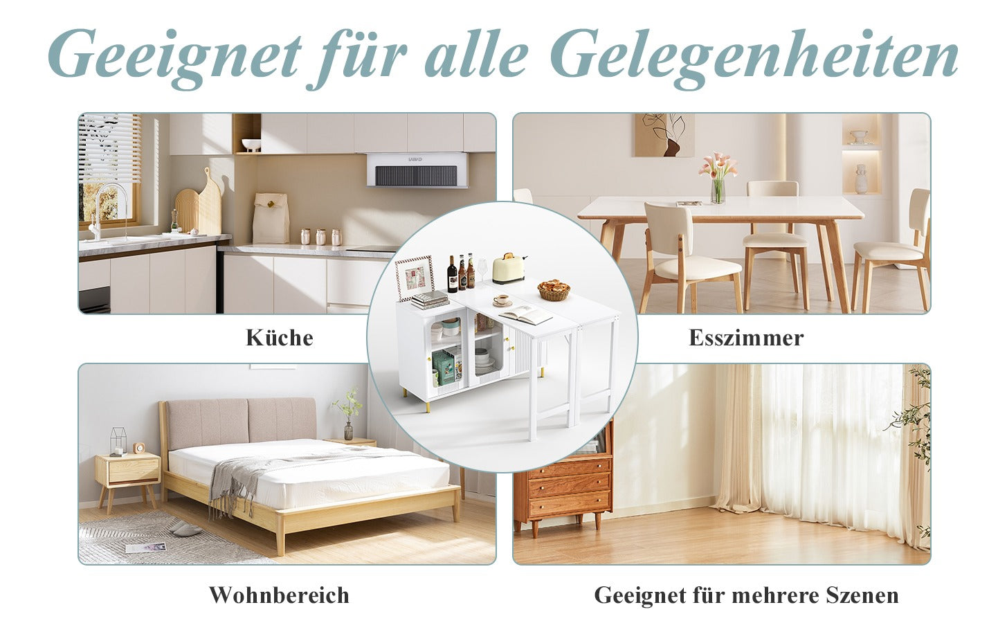 SONNI Buffetschrank Weiß mit ausziehbarer Tischplatte, drehbarer Arbeitsfläche, Glasschiebetüren, Wellenmuster, verstellbarem Stauraum und goldenen Metallbeinen, Sideboard für Küche und Esszimmer, 122x40x82cm