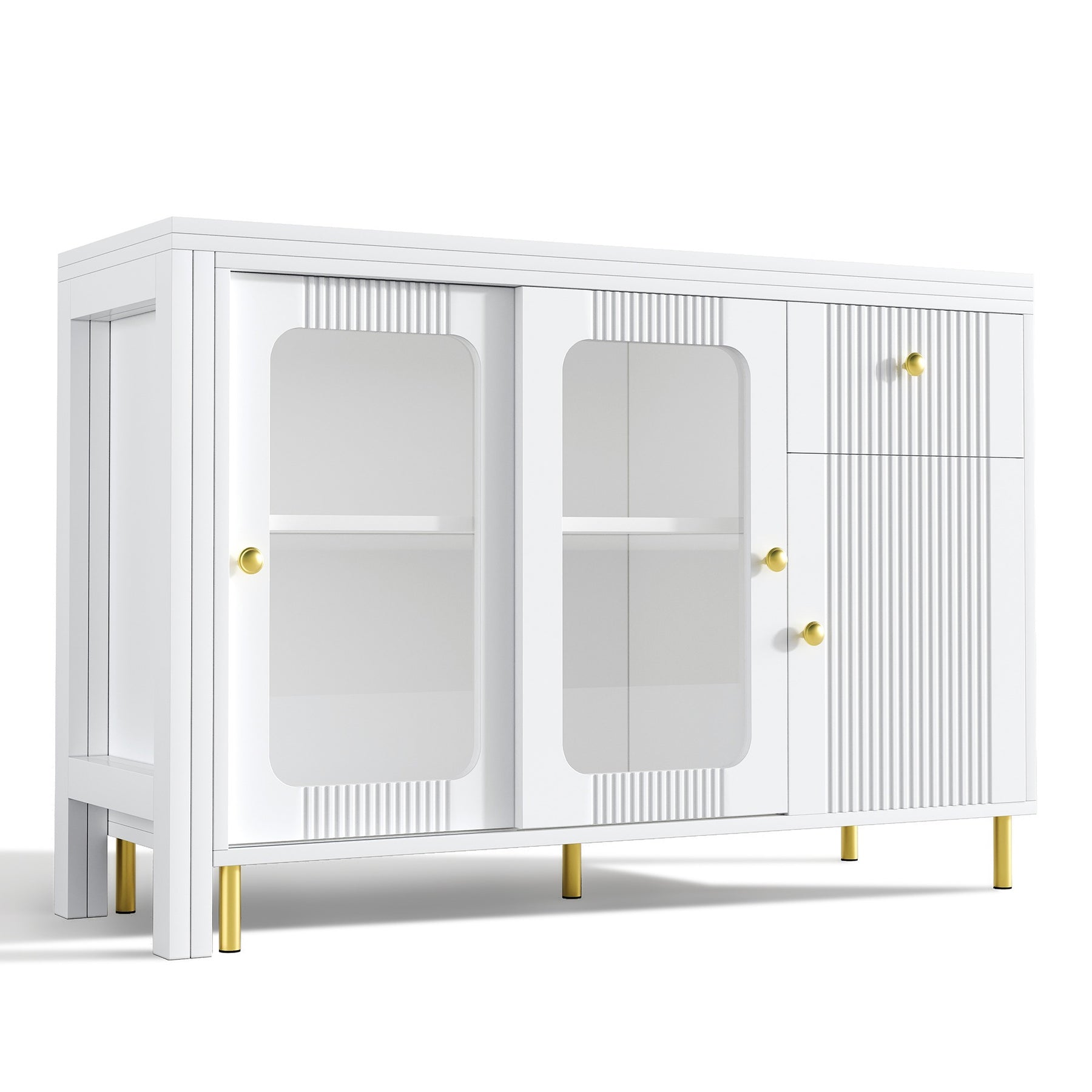 SONNI Buffetschrank Weiß mit ausziehbarer Tischplatte, drehbarer Arbeitsfläche, Glasschiebetüren, Wellenmuster, verstellbarem Stauraum und goldenen Metallbeinen, Sideboard für Küche und Esszimmer, 122x40x82cm