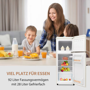SONNI Retro Kühlschrank Kühl Gefrier Kombination mit 2 Türen, 92 Liter Gesamtvolumen 28 Liter Gefriervolumen LED Licht Glasregale Türregale 105.5 x 41 cm