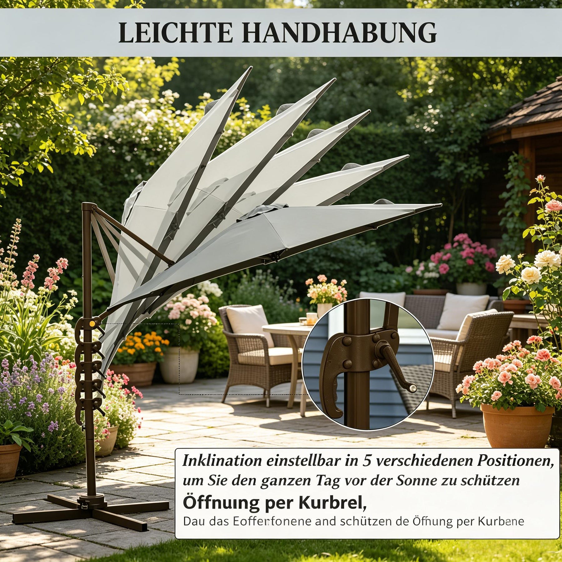 SONNI Cantilever Sonnenschirm 360° drehbar mit Neigefunktion, großer achteckiger Garten- & Poolschirm, Aluminium & Polyester,  2,95 x 2,5 m, Dunkelgrau