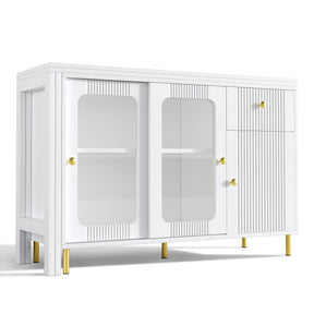 SONNI Buffetschrank Weiß mit ausziehbarer Tischplatte, drehbarer Arbeitsfläche, Glasschiebetüren, Wellenmuster, verstellbarem Stauraum und goldenen Metallbeinen, Sideboard für Küche und Esszimmer, 122x40x82cm