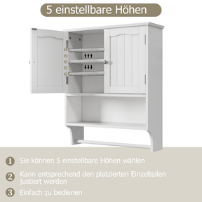 SONNI Wand Badezimmerschrank mit Handtuchhalter 2 verstellbare Regale offenes und geschlossenes Fach platzsparender MDF Hängeschrank Weiß 56,8×19×70 cm