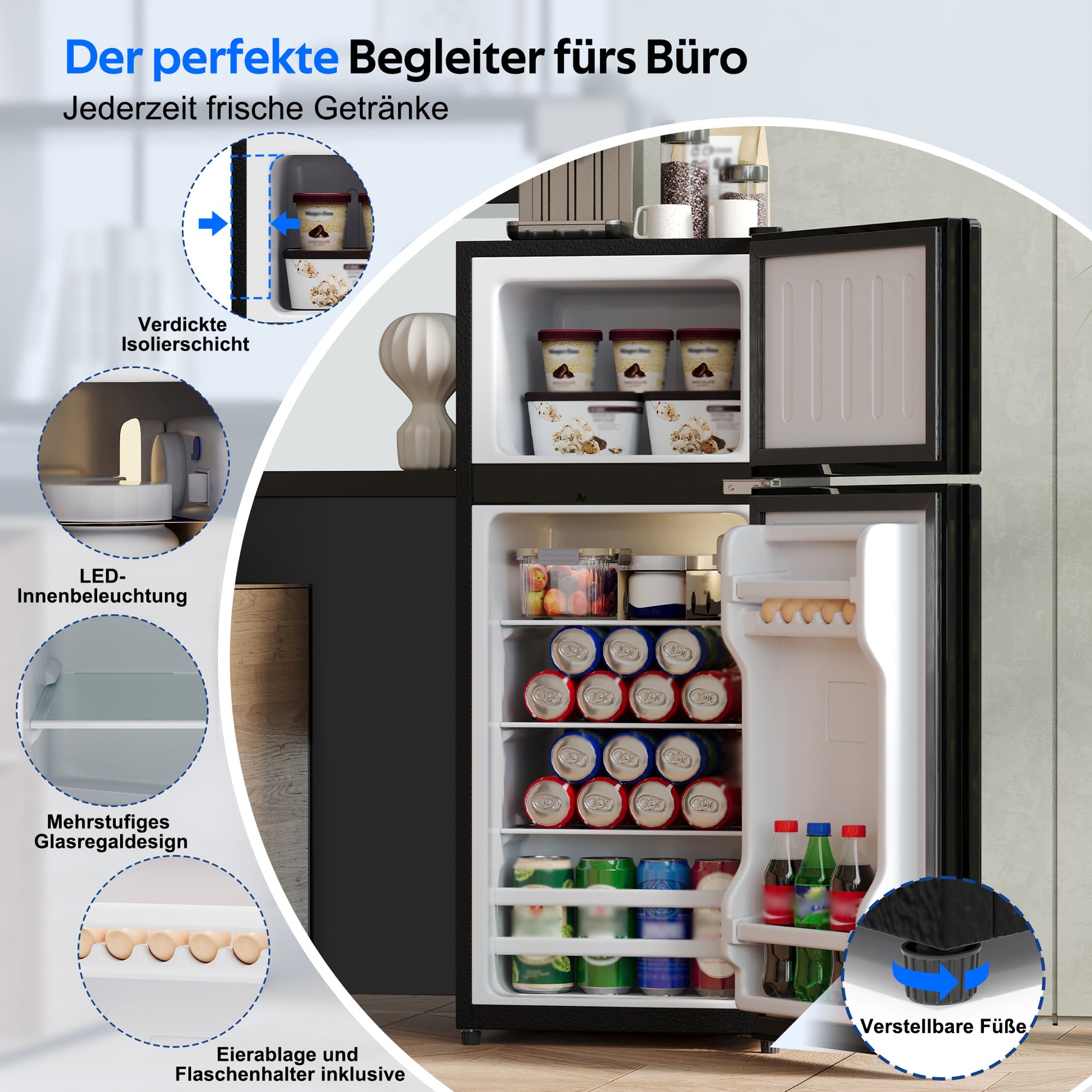 SONNI Minikühlschrank mit Gefrierfach, 92 L Kühlvolumen 28 L Gefrierfach Glastür LED Beleuchtung Temperaturregelung Glasablagen