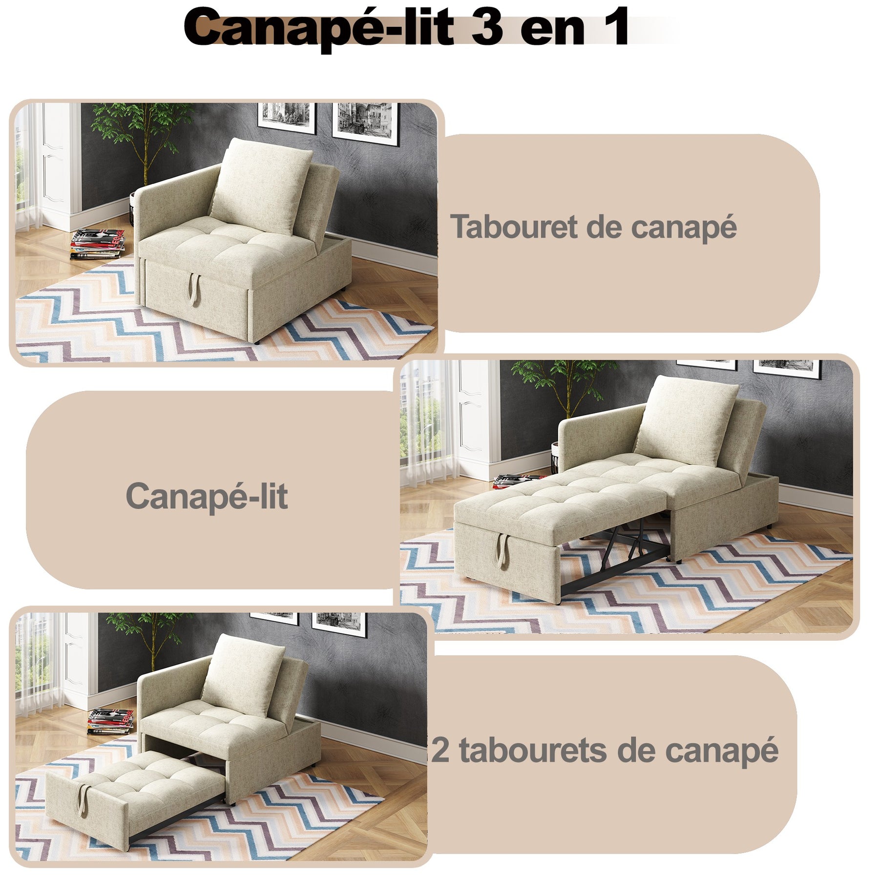 SONNI Schlafsofa mit Schlaffunktion, 3 in 1 Polsterbett, Leinenstoffsofa mit verstellbarer Rückenlehne und Kissen, Liegesofa für Gästezimmer und Home-Office, 177 x 68 x 65 cm