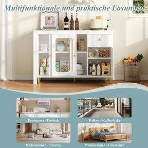 SONNI Buffetschrank Weiß mit ausziehbarer Tischplatte, drehbarer Arbeitsfläche, Glasschiebetüren, Wellenmuster, verstellbarem Stauraum und goldenen Metallbeinen, Sideboard für Küche und Esszimmer, 122x40x82cm
