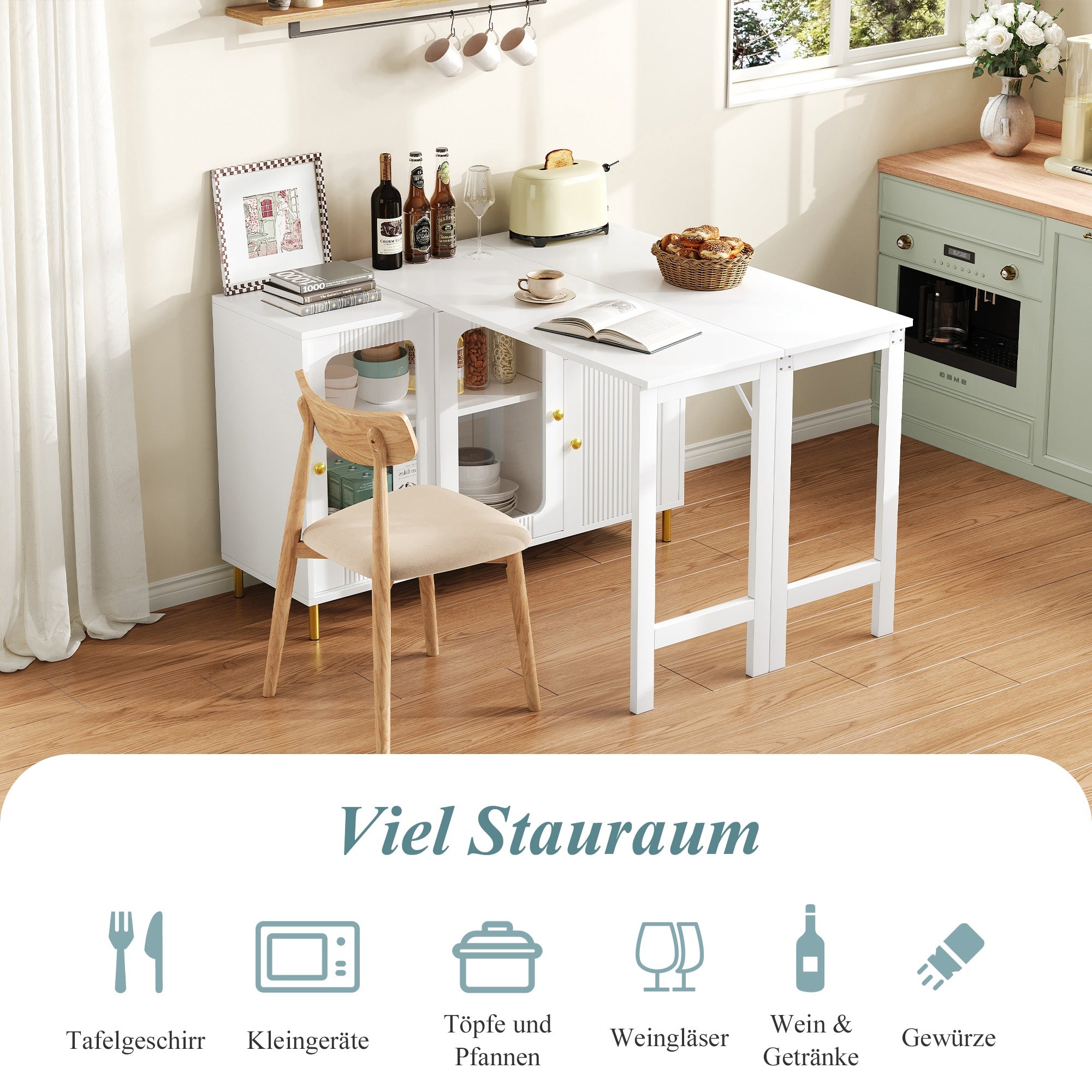 SONNI Buffetschrank Weiß mit ausziehbarer Tischplatte, drehbarer Arbeitsfläche, Glasschiebetüren, Wellenmuster, verstellbarem Stauraum und goldenen Metallbeinen, Sideboard für Küche und Esszimmer, 122x40x82cm