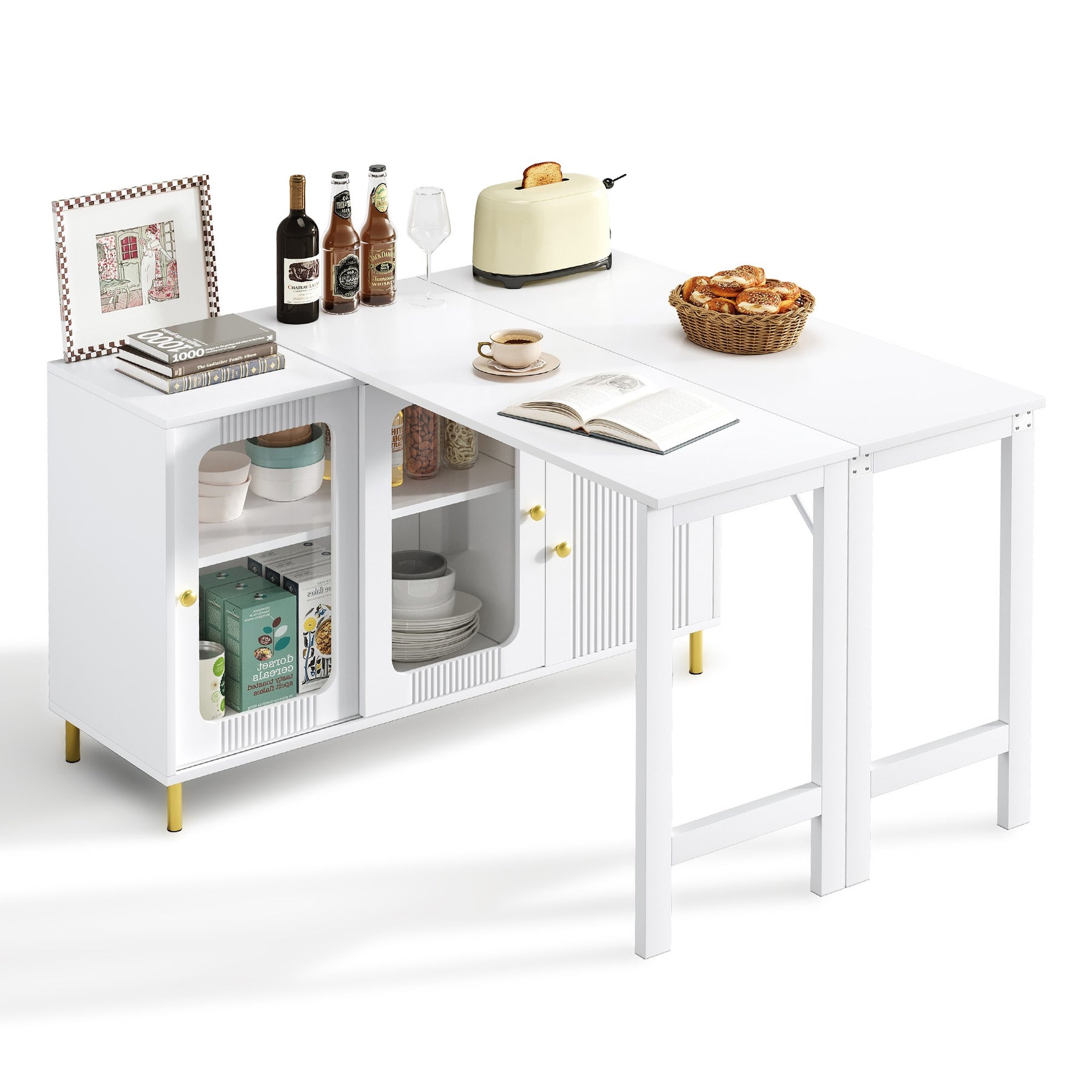 SONNI Buffetschrank Weiß mit ausziehbarer Tischplatte, drehbarer Arbeitsfläche, Glasschiebetüren, Wellenmuster, verstellbarem Stauraum und goldenen Metallbeinen, Sideboard für Küche und Esszimmer, 122x40x82cm