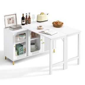 SONNI Buffetschrank Weiß mit ausziehbarer Tischplatte, drehbarer Arbeitsfläche, Glasschiebetüren, Wellenmuster, verstellbarem Stauraum und goldenen Metallbeinen, Sideboard für Küche und Esszimmer, 122x40x82cm