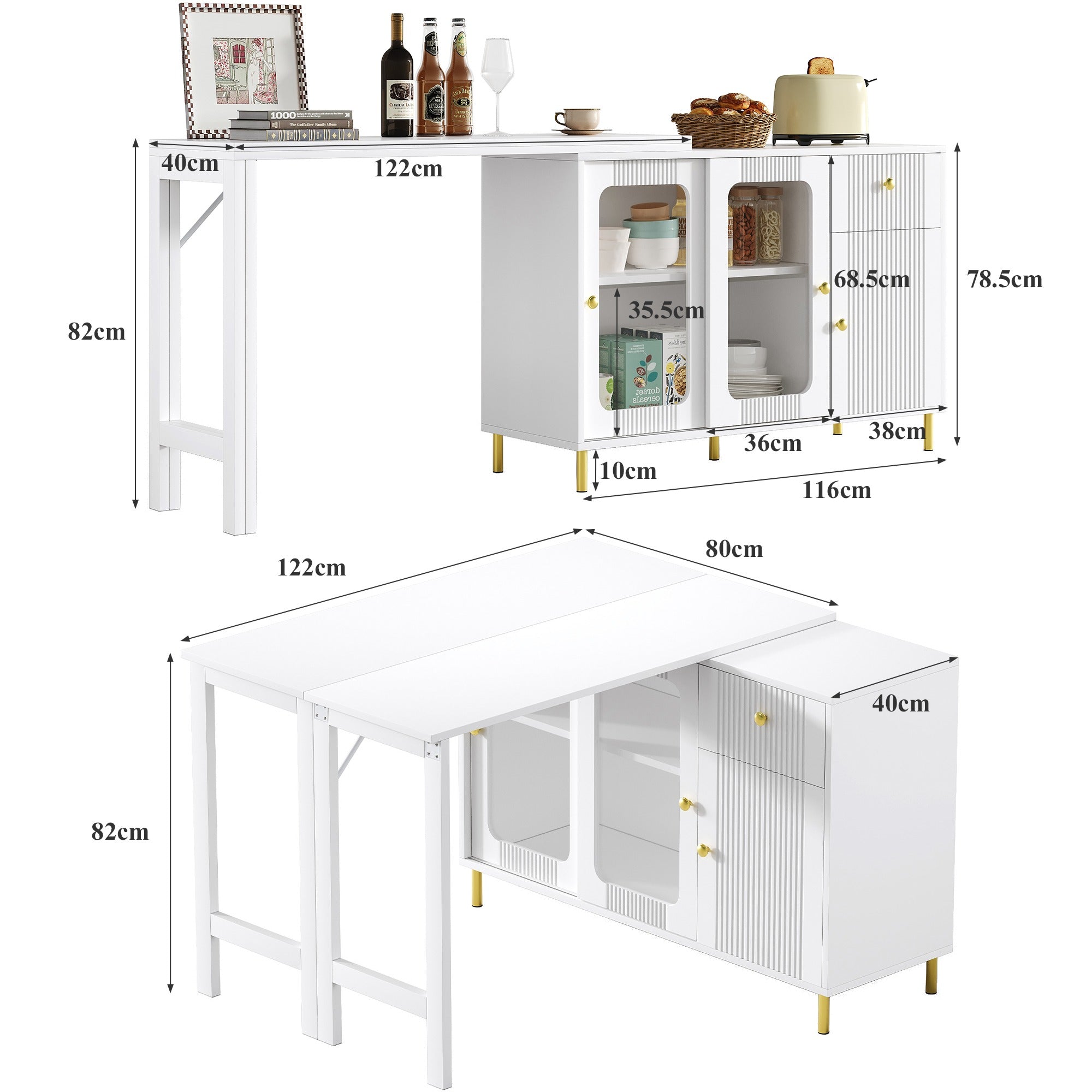 SONNI Buffetschrank Weiß mit ausziehbarer Tischplatte, drehbarer Arbeitsfläche, Glasschiebetüren, Wellenmuster, verstellbarem Stauraum und goldenen Metallbeinen, Sideboard für Küche und Esszimmer, 122x40x82cm