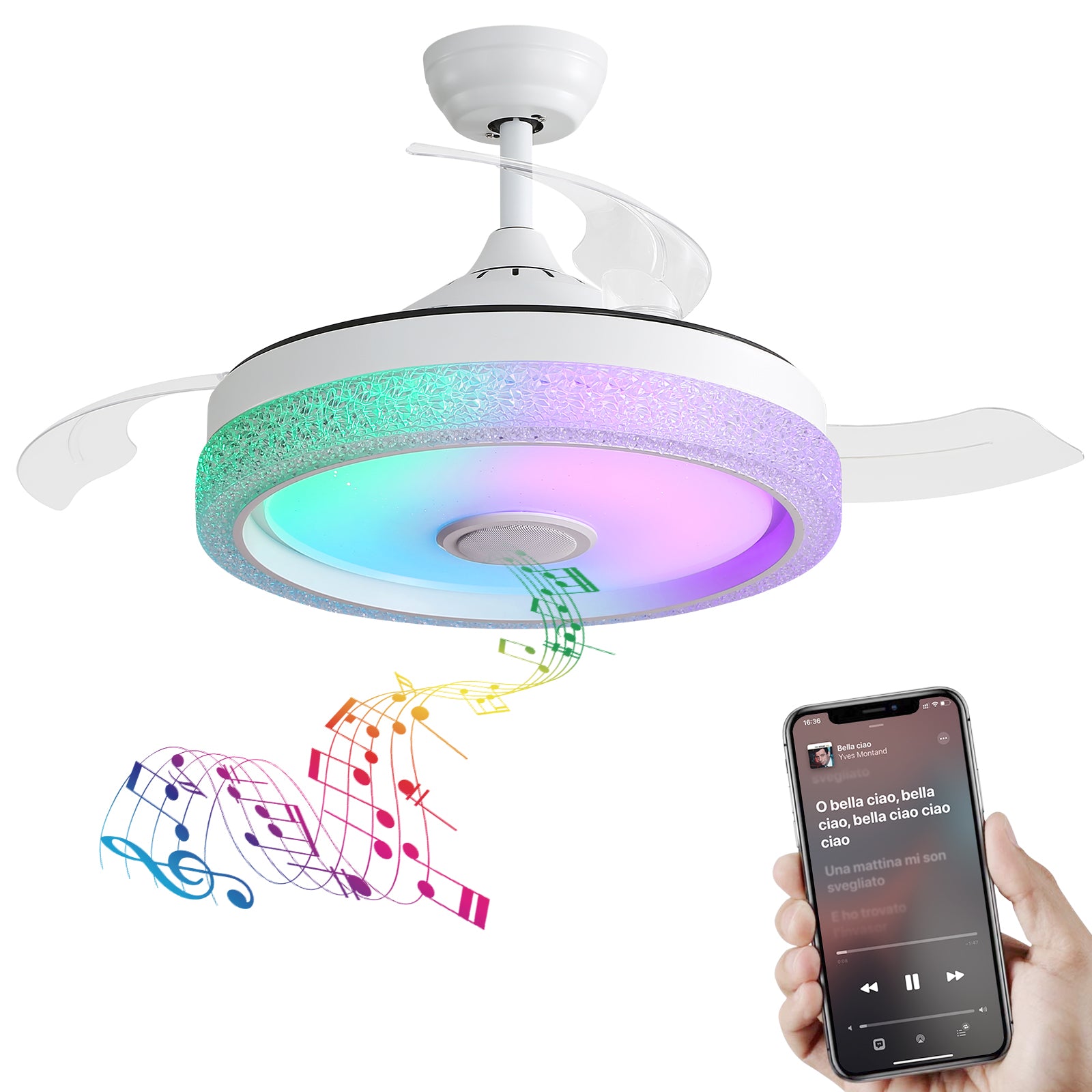 SONNI 42 Zoll Deckenventilator mit LED-Beleuchtung, 3 Farbtemperaturstufen + RGB, 3 ABS-Flügeln, DC-Motor