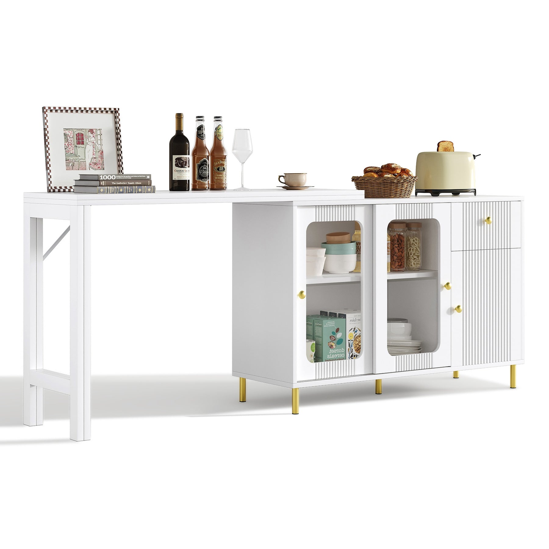 SONNI Buffetschrank Weiß mit ausziehbarer Tischplatte, drehbarer Arbeitsfläche, Glasschiebetüren, Wellenmuster, verstellbarem Stauraum und goldenen Metallbeinen, Sideboard für Küche und Esszimmer, 122x40x82cm