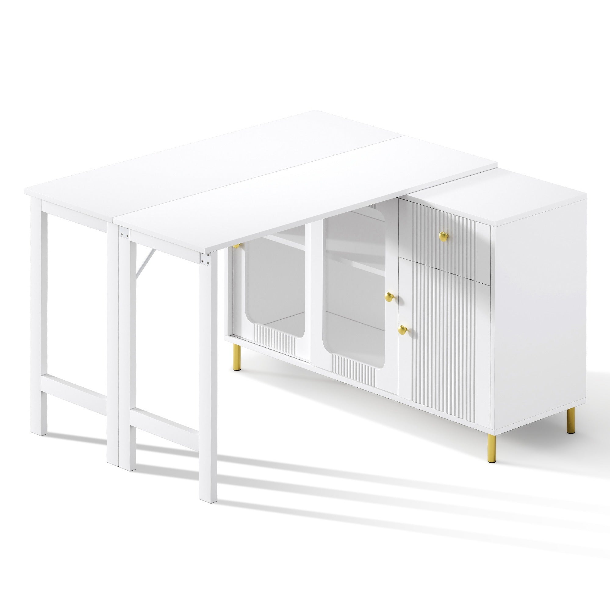 SONNI Buffetschrank Weiß mit ausziehbarer Tischplatte, drehbarer Arbeitsfläche, Glasschiebetüren, Wellenmuster, verstellbarem Stauraum und goldenen Metallbeinen, Sideboard für Küche und Esszimmer, 122x40x82cm