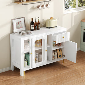 SONNI Buffetschrank Weiß mit ausziehbarer Tischplatte, drehbarer Arbeitsfläche, Glasschiebetüren, Wellenmuster, verstellbarem Stauraum und goldenen Metallbeinen, Sideboard für Küche und Esszimmer, 122x40x82cm