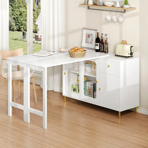 SONNI Buffetschrank Weiß mit ausziehbarer Tischplatte, drehbarer Arbeitsfläche, Glasschiebetüren, Wellenmuster, verstellbarem Stauraum und goldenen Metallbeinen, Sideboard für Küche und Esszimmer, 122x40x82cm
