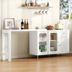 SONNI Buffetschrank Weiß mit ausziehbarer Tischplatte, drehbarer Arbeitsfläche, Glasschiebetüren, Wellenmuster, verstellbarem Stauraum und goldenen Metallbeinen, Sideboard für Küche und Esszimmer, 122x40x82cm