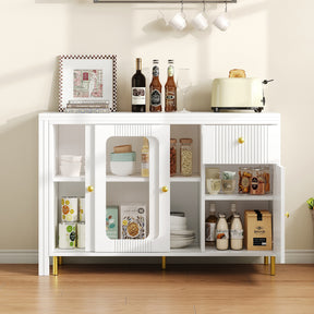 SONNI Buffetschrank Weiß mit ausziehbarer Tischplatte, drehbarer Arbeitsfläche, Glasschiebetüren, Wellenmuster, verstellbarem Stauraum und goldenen Metallbeinen, Sideboard für Küche und Esszimmer, 122x40x82cm