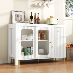SONNI Buffetschrank Weiß mit ausziehbarer Tischplatte, drehbarer Arbeitsfläche, Glasschiebetüren, Wellenmuster, verstellbarem Stauraum und goldenen Metallbeinen, Sideboard für Küche und Esszimmer, 122x40x82cm