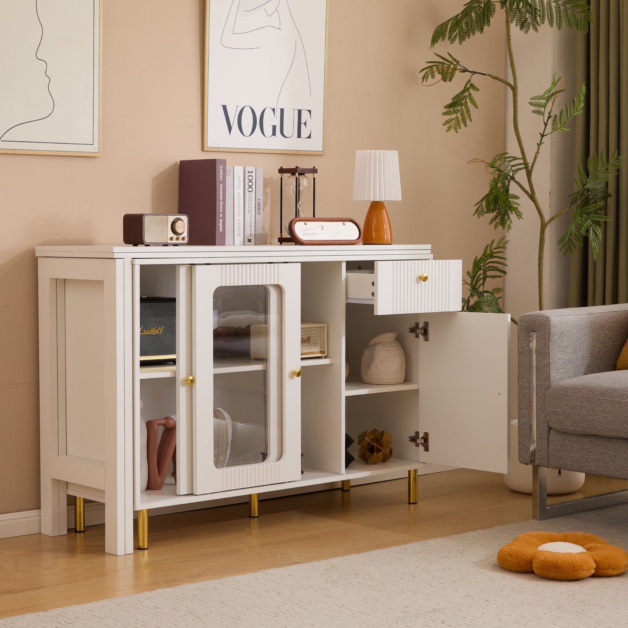 SONNI Buffetschrank Weiß mit ausziehbarer Tischplatte, drehbarer Arbeitsfläche, Glasschiebetüren, Wellenmuster, verstellbarem Stauraum und goldenen Metallbeinen, Sideboard für Küche und Esszimmer, 122x40x82cm