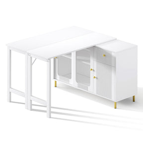 SONNI Buffetschrank Weiß mit ausziehbarer Tischplatte, drehbarer Arbeitsfläche, Glasschiebetüren, Wellenmuster, verstellbarem Stauraum und goldenen Metallbeinen, Sideboard für Küche und Esszimmer, 122x40x82cm