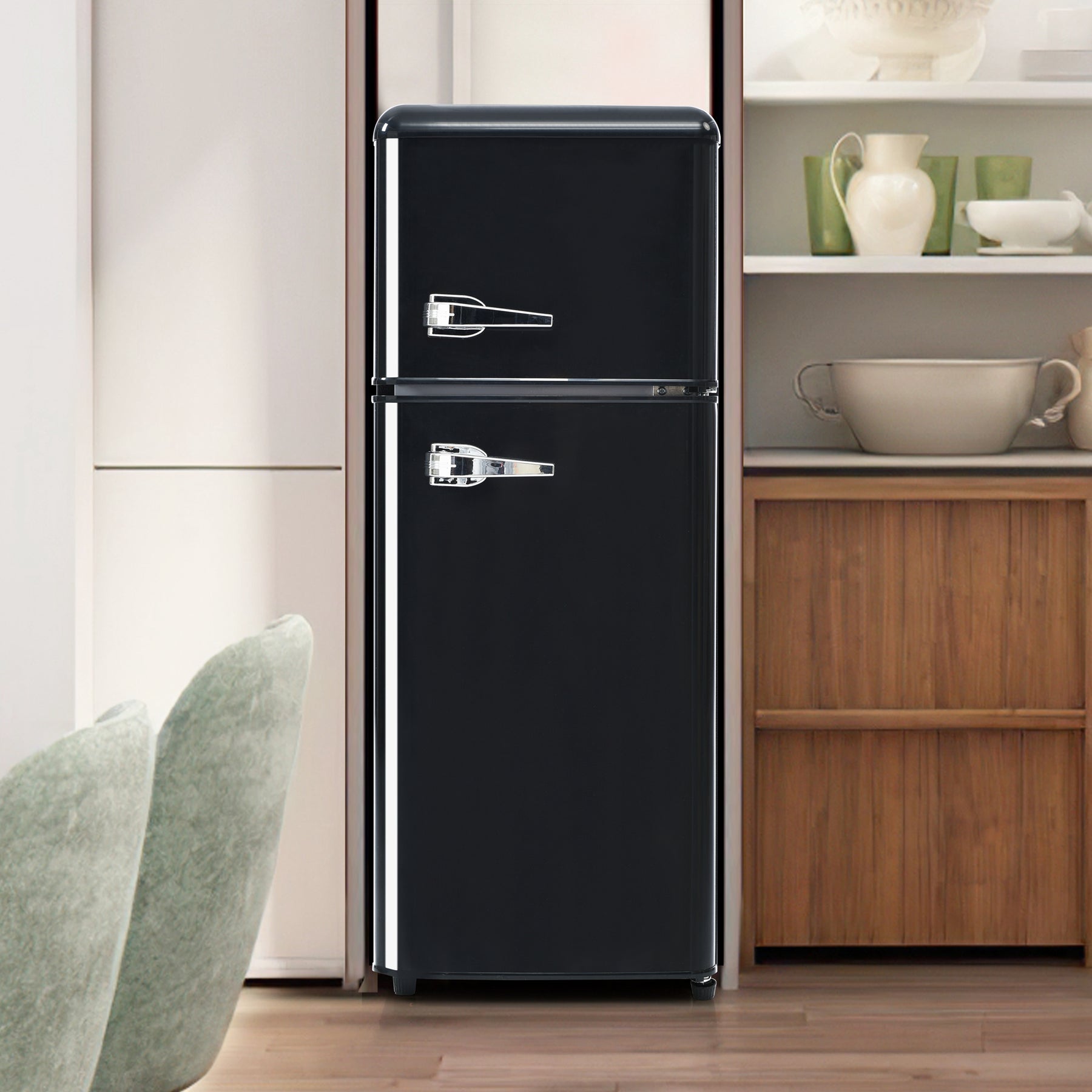 SONNI Retro Kühlschrank Kühl Gefrier Kombination mit 2 Türen, 92 Liter Gesamtvolumen 28 Liter Gefriervolumen LED Licht Glasregale Türregale 105.5 x 41 cm