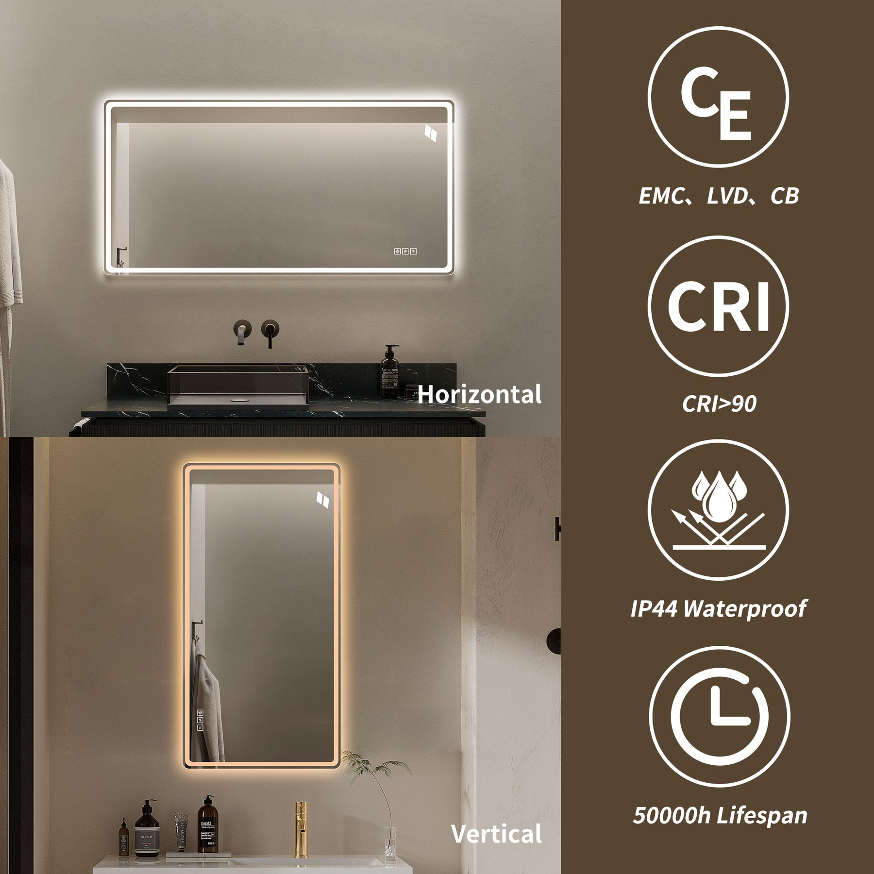 SONNI LED Badezimmerspiegel 60×120 cm, rahmenlos, Frontlicht matt, Anti-Beschlag, 3 Lichtfarben, dimmbar, Memory, horizontal & vertikal, IP44 wasserdicht