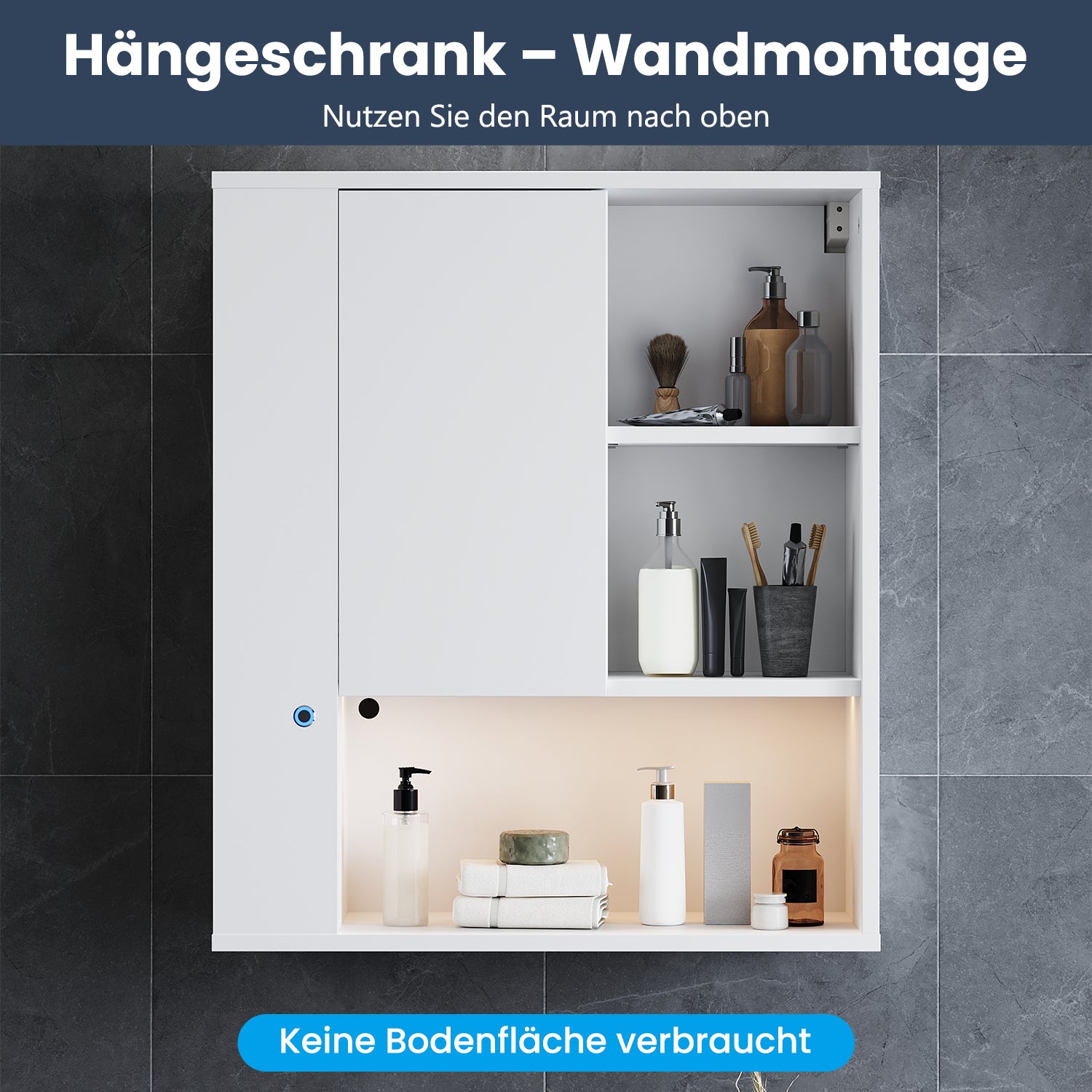 SONNI Wand-Badezimmerschrank mit LED-Sensor, Badschrank zur Wandmontage mit Tür und offenen Fächern 60 x 23 x 70 cm Weiß