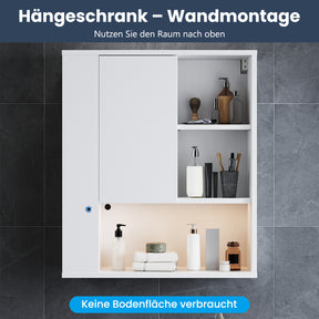 SONNI Wand-Badezimmerschrank mit LED-Sensor, Badschrank zur Wandmontage mit Tür und offenen Fächern 60 x 23 x 70 cm Weiß