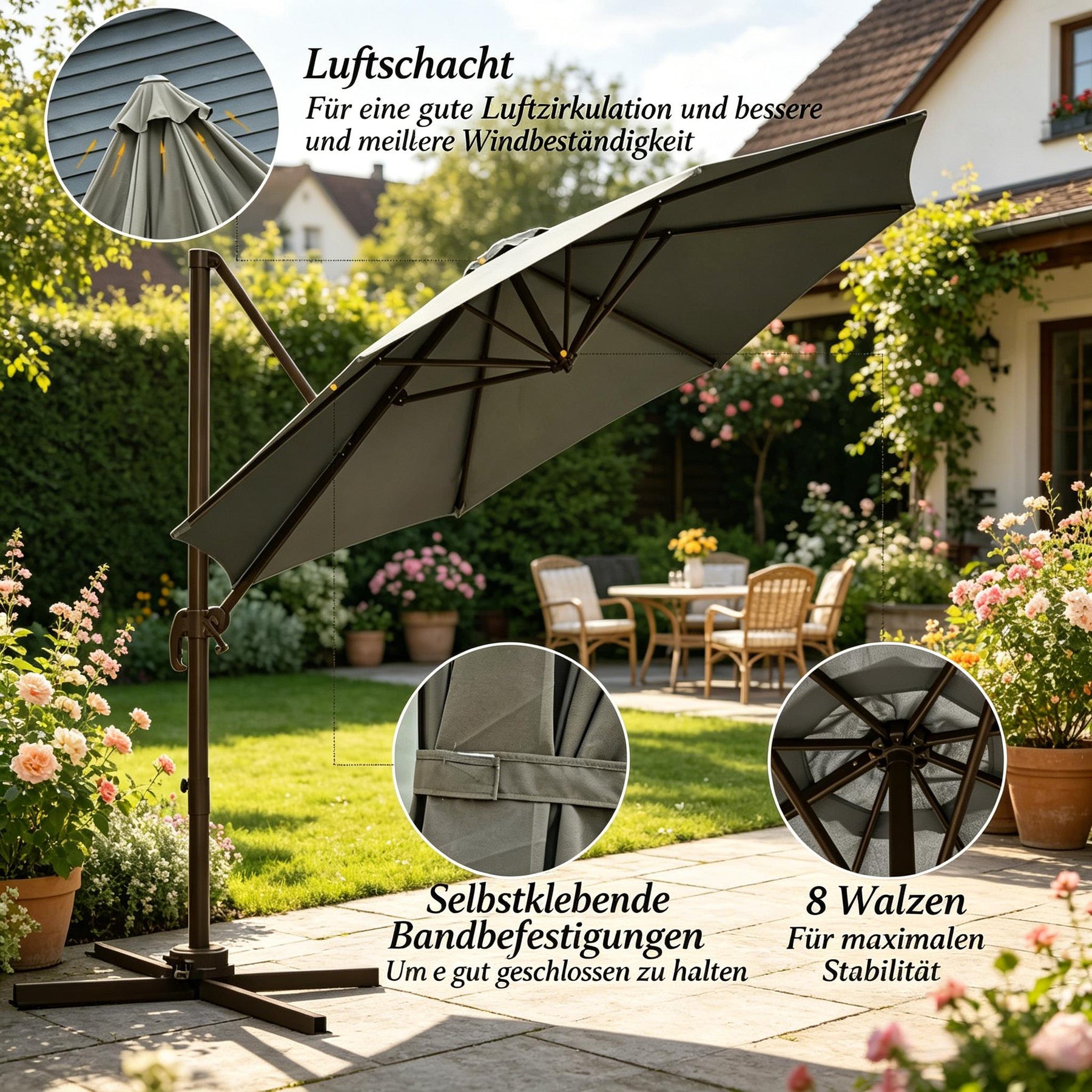 SONNI Cantilever Sonnenschirm 360° drehbar mit Neigefunktion, großer achteckiger Garten- & Poolschirm, Aluminium & Polyester,  2,95 x 2,5 m, Dunkelgrau