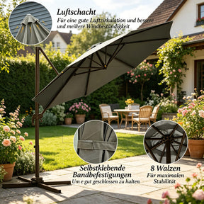 SONNI Cantilever Sonnenschirm 360° drehbar mit Neigefunktion, großer achteckiger Garten- & Poolschirm, Aluminium & Polyester,  2,95 x 2,5 m, Dunkelgrau