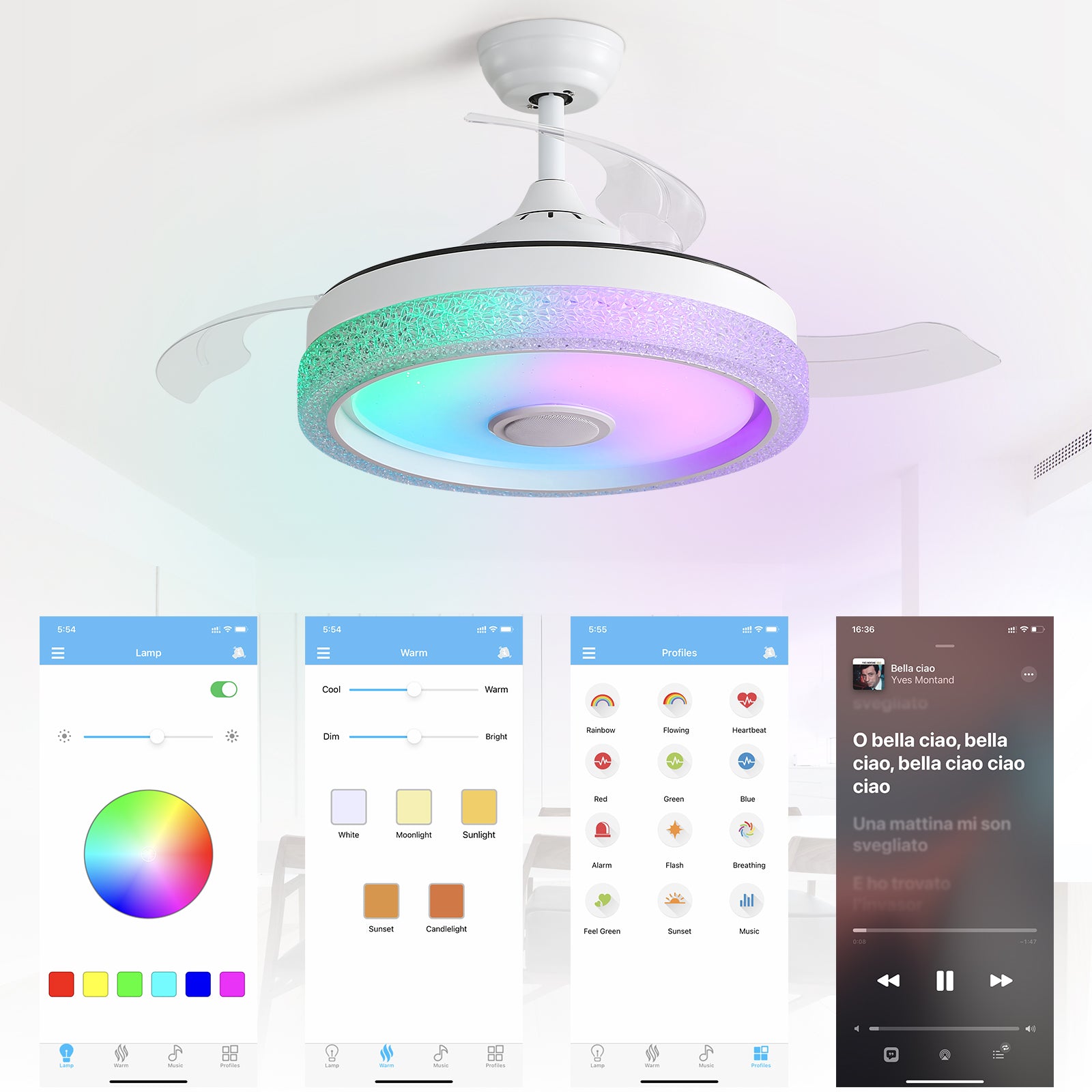 SONNI 42 Zoll Deckenventilator mit LED-Beleuchtung, 3 Farbtemperaturstufen + RGB, 3 ABS-Flügeln, DC-Motor