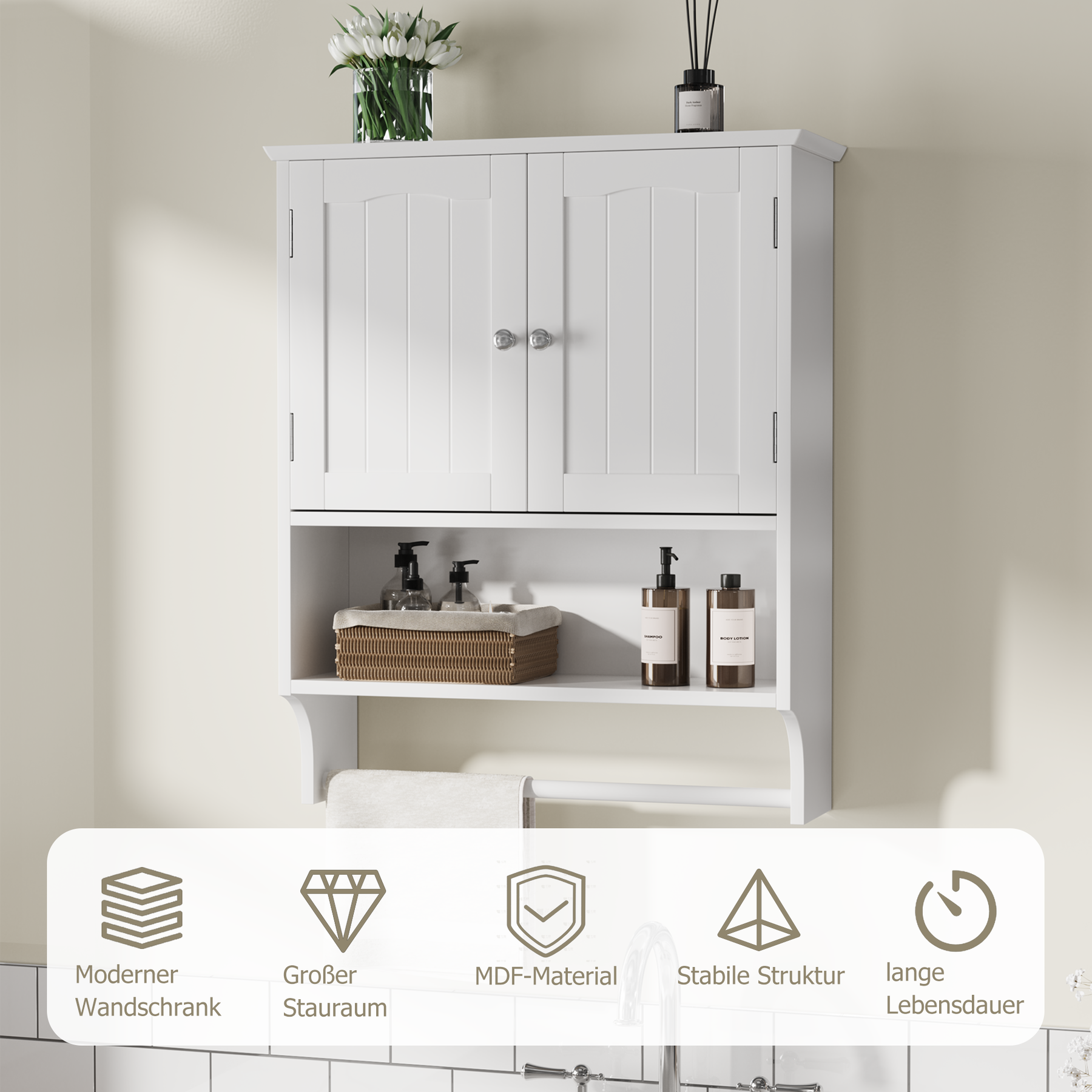 SONNI Wand Badezimmerschrank mit Handtuchhalter 2 verstellbare Regale offenes und geschlossenes Fach platzsparender MDF Hängeschrank Weiß 56,8×19×70 cm