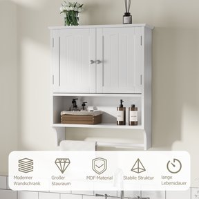 SONNI Wand Badezimmerschrank mit Handtuchhalter 2 verstellbare Regale offenes und geschlossenes Fach platzsparender MDF Hängeschrank Weiß 56,8×19×70 cm